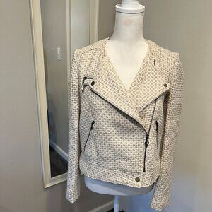 NWT QMack Beige Gold Metallic Tweed Zipper Moto Jacket, Size Large